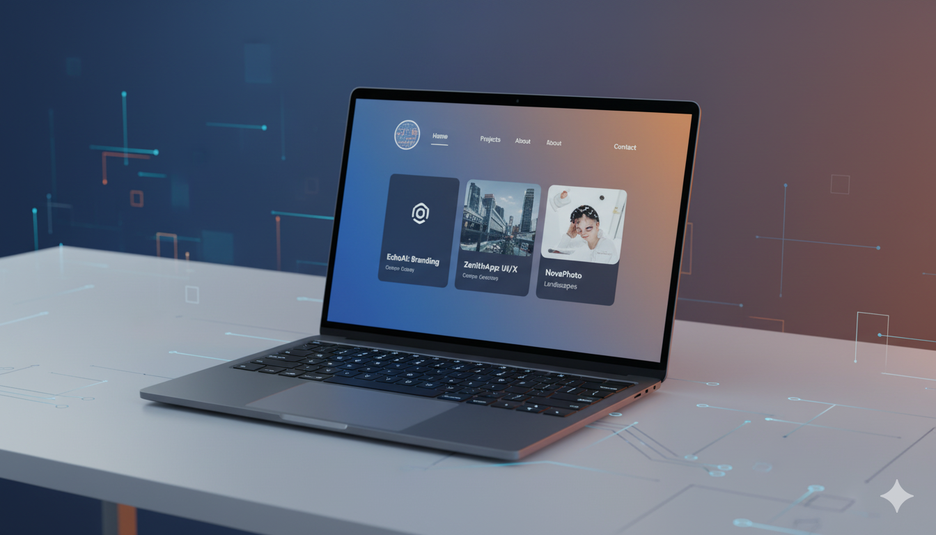 Laptop displaying a portfolio website interface